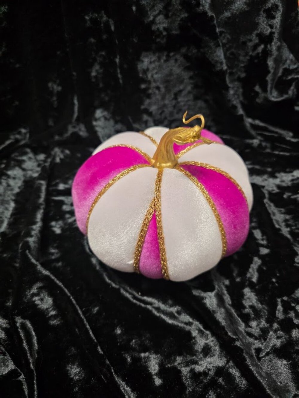 Violet and White Velvet Pumpkin, Gold Cord Trim, Handcrafted
